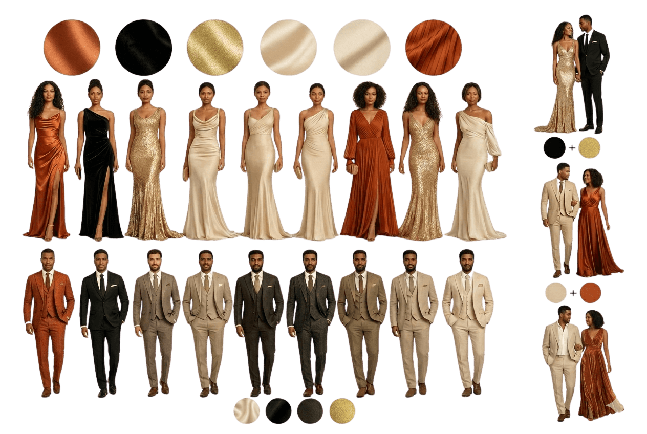 Dress code inspiration board for wedding guests